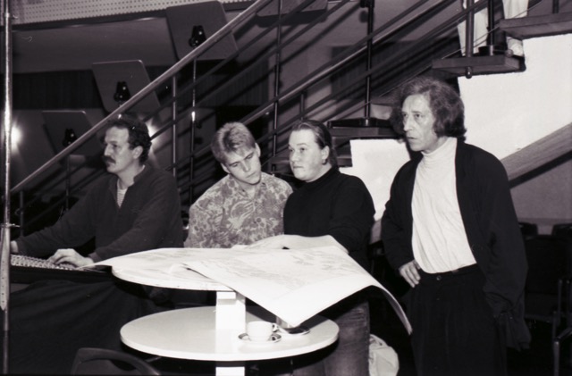 Mixing console for the sound control at the end of the hall and Winbeck with two of his students at the time, Stefan Johannes Walter and Joachim F.W. Schneider <br> © City Archives and City History Library Bonn, photographer: Friedhelm Schulz